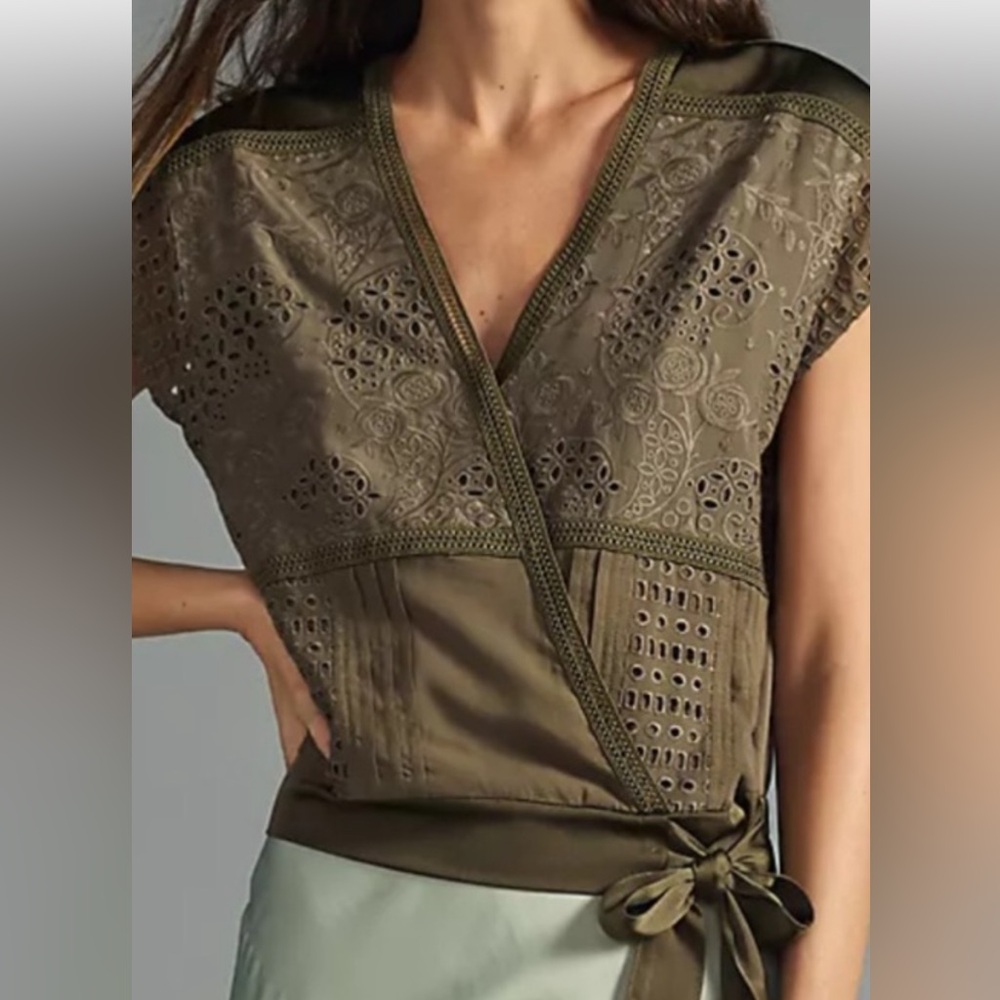Anthropologie Embroidered Wrap Top Olive Green size SM